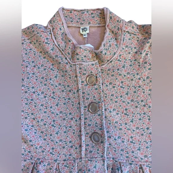 IVY JANE boho style pink long jacket floral chunky buttons pleated waist NWT - Picture 2 of 15